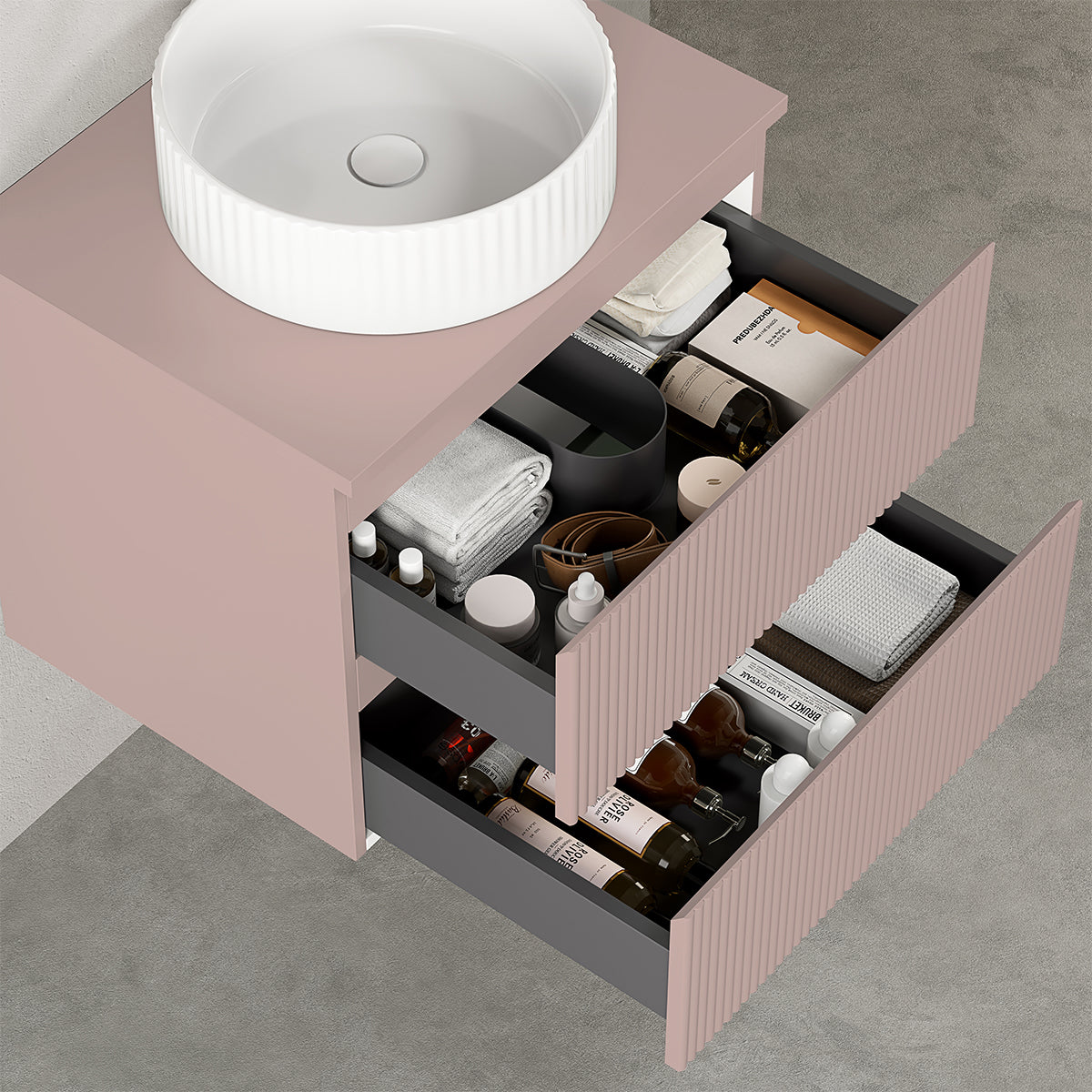 Mobile bagno sospeso cannettato 60 cm Rosa Retrò per Lavabo d'appoggio Senza Specchio - Fiji Paint Top Canneté