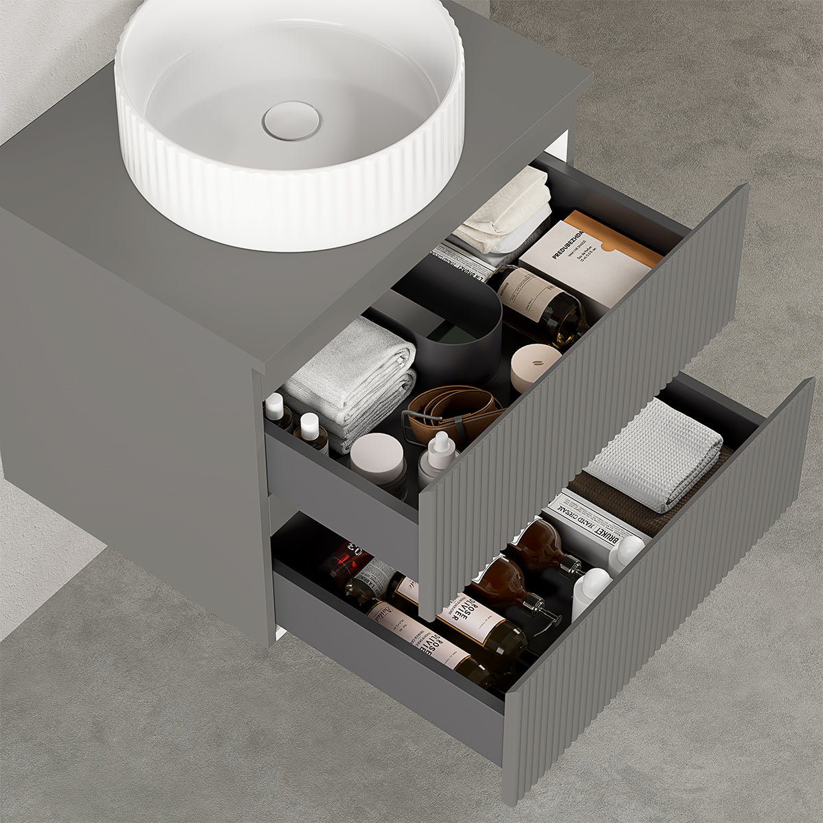 Mobile bagno sospeso cannettato 60 cm Grigio Londra per Lavabo d'appoggio Specchio Tondo Retroilluminato - Fiji Paint Top Canneté