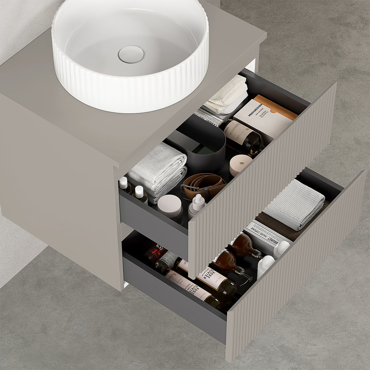 Mobile bagno sospeso cannettato 60 cm Grigio Cenere per Lavabo d'appoggio Specchio Tondo Retroilluminato - Fiji Paint Top Canneté