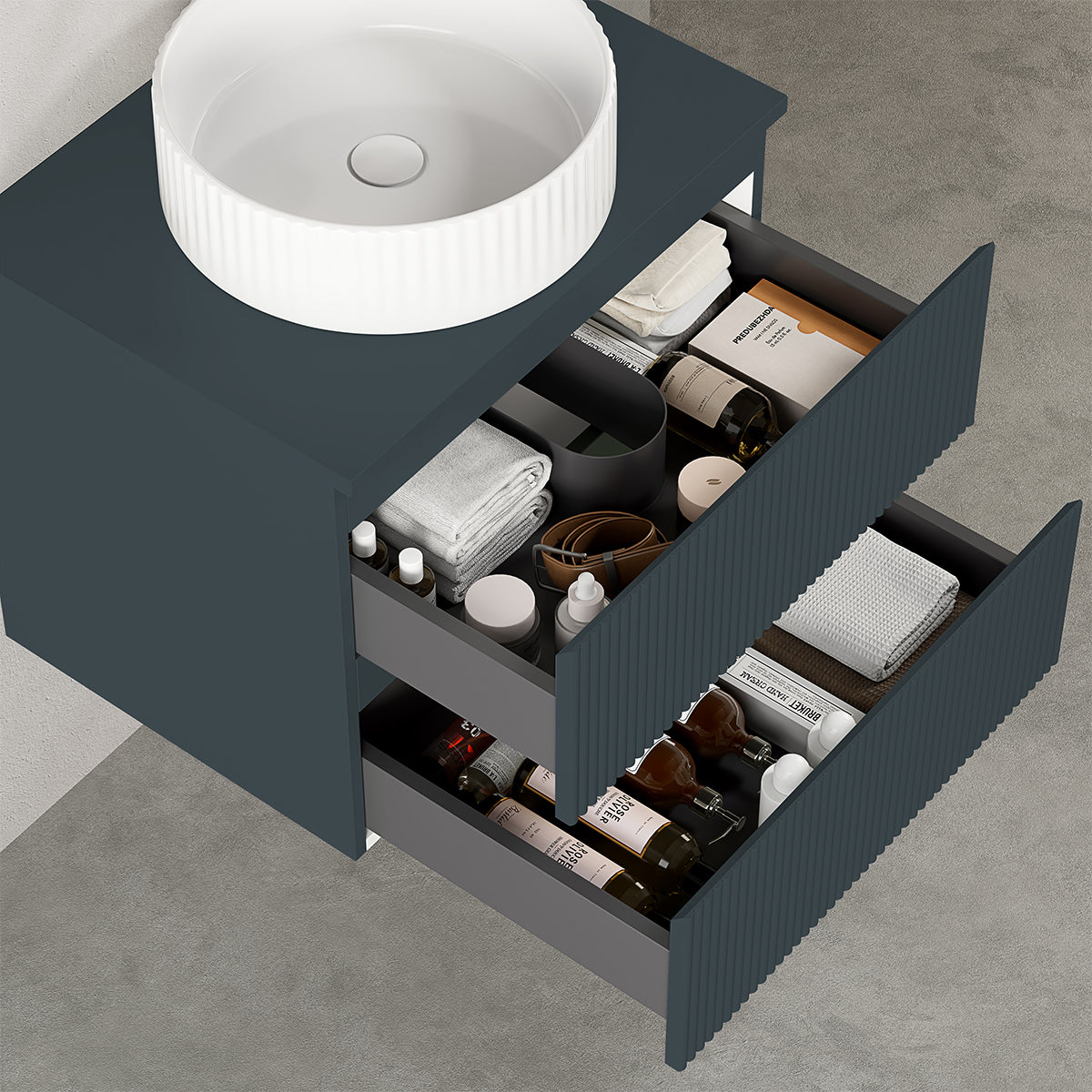 Mobile bagno sospeso cannettato 60 cm Blu Mare per Lavabo d'appoggio Senza Specchio - Fiji Paint Top Canneté