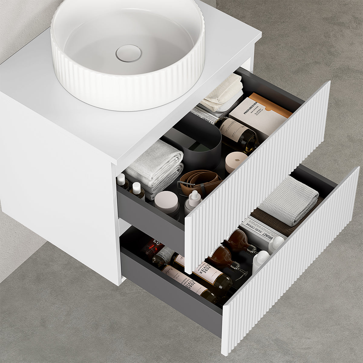 Mobile bagno sospeso cannettato 60 cm Bianco Opaco per Lavabo d'appoggio Specchio Quadro - Fiji Paint Top Canneté