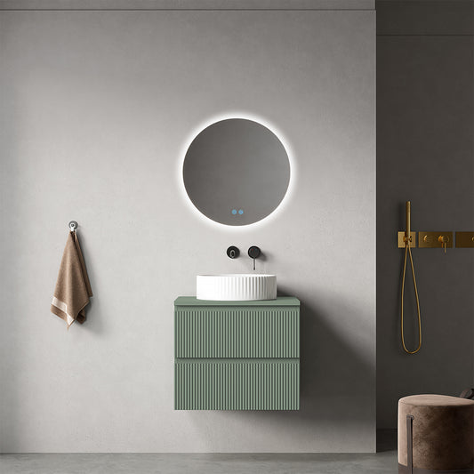 Mobile bagno sospeso cannettato 60 cm Verde Salvia per Lavabo d'appoggio Specchio Tondo Retroilluminato - Fiji Paint Top Canneté