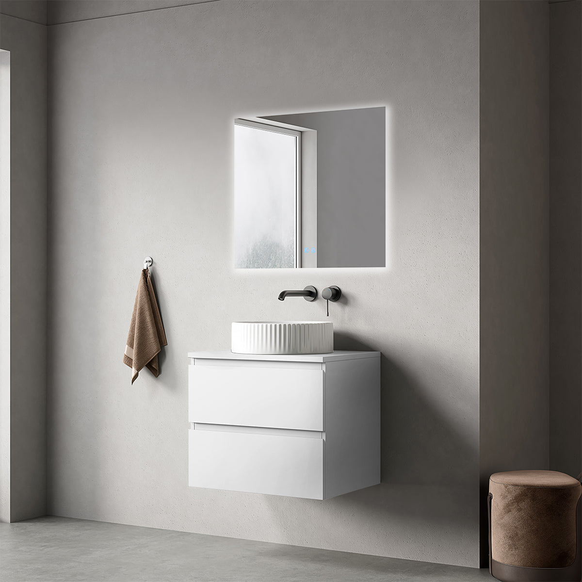 Mobile bagno sospeso 60 cm Bianco Opaco per Lavabo d'appoggio Specchio Quadro Retroilluminato - Fiji Paint