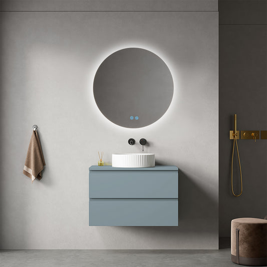 Mobile bagno sospeso 80 cm Blu Avio per Lavabo d'appoggio Specchio Tondo Retroilluminato - Fiji Paint Top