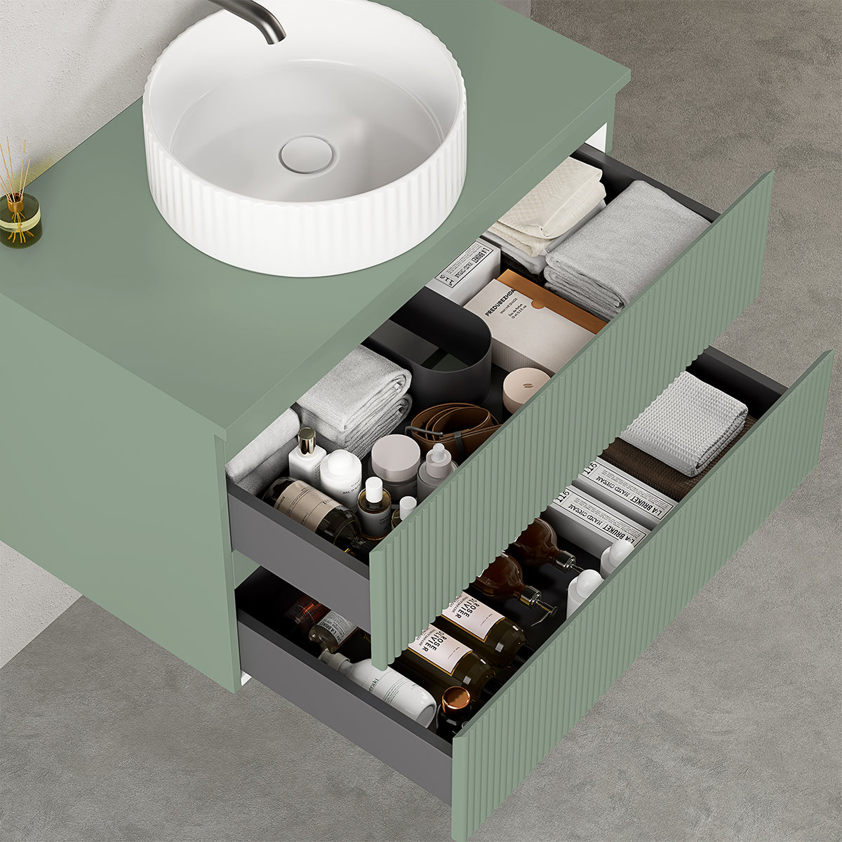 Mobile bagno sospeso cannettato 80 cm Verde Salvia per Lavabo d'appoggio Senza Specchio - Fiji Paint Top Canneté