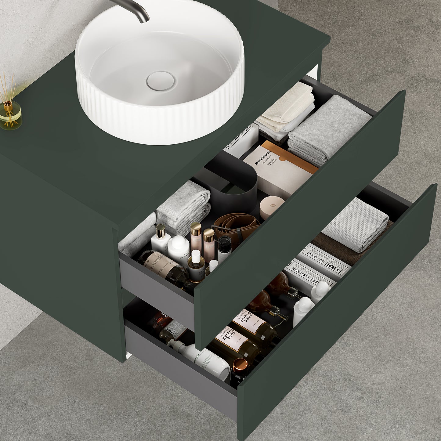 Mobile bagno sospeso 80 cm Verde Comodoro per Lavabo d'appoggio Specchio Tondo Retroilluminato - Fiji Paint Top