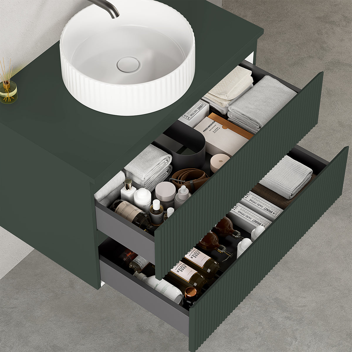 Mobile bagno sospeso cannettato 80 cm Verde Comodoro per Lavabo d'appoggio Specchio Quadro Retroilluminato - Fiji Paint Top Canneté