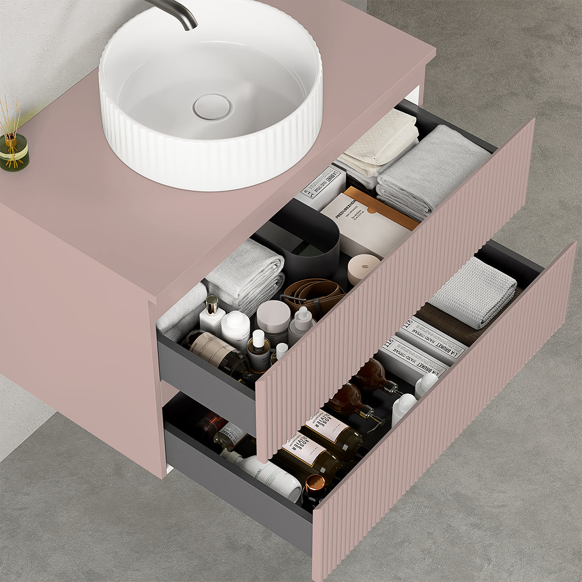 Mobile bagno sospeso cannettato 80 cm Rosa Retrò per Lavabo d'appoggio Senza Specchio - Fiji Paint Top Canneté