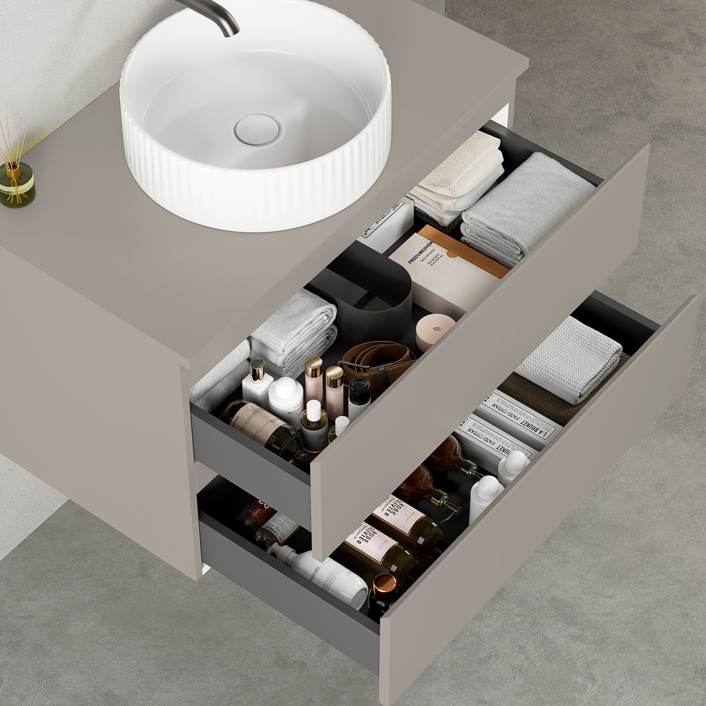 Mobile bagno sospeso 80 cm Grigio Cenere per Lavabo d'appoggio Specchio Tondo - Fiji Paint Top