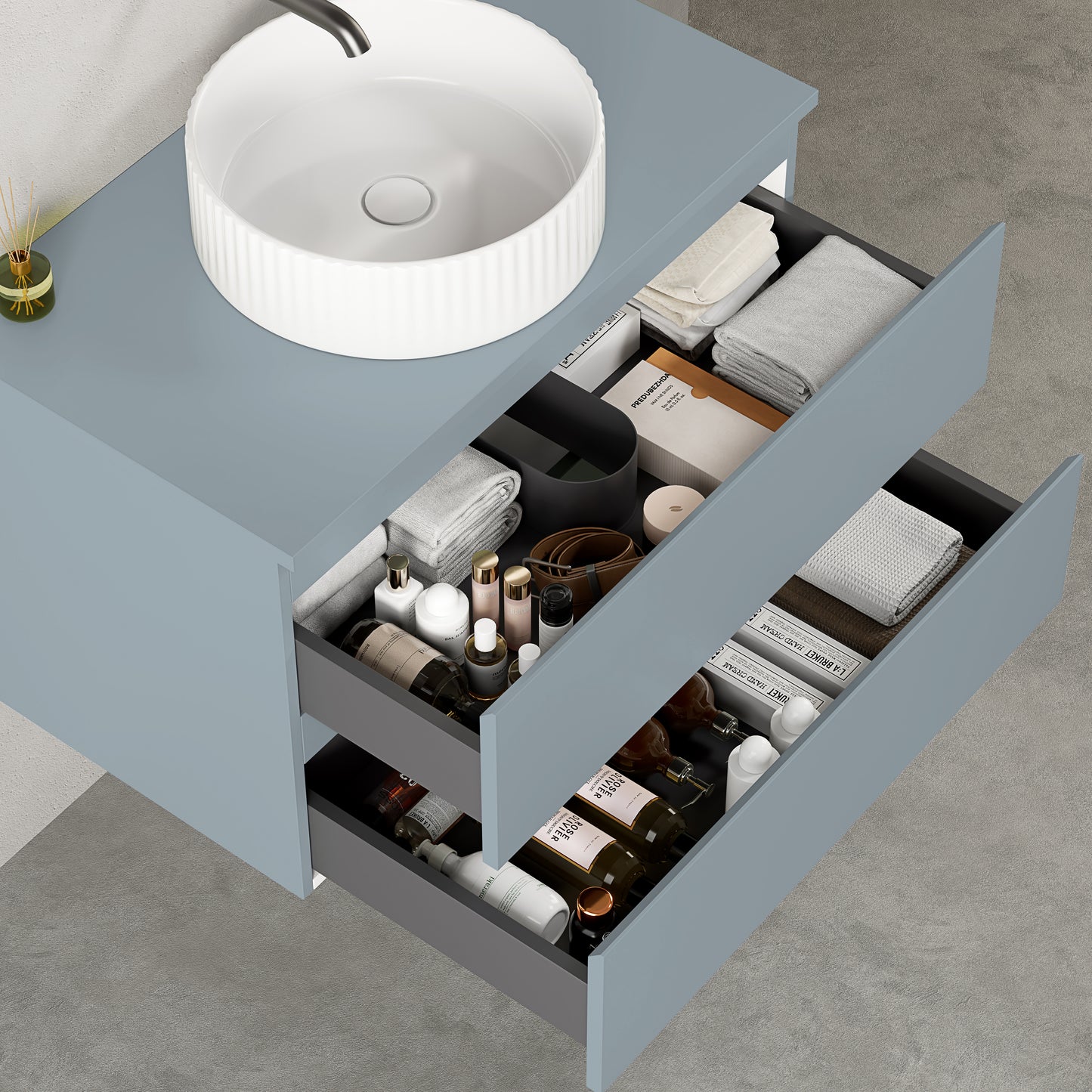 Mobile bagno sospeso 80 cm Blu Avio per Lavabo d'appoggio Specchio Tondo - Fiji Paint Top