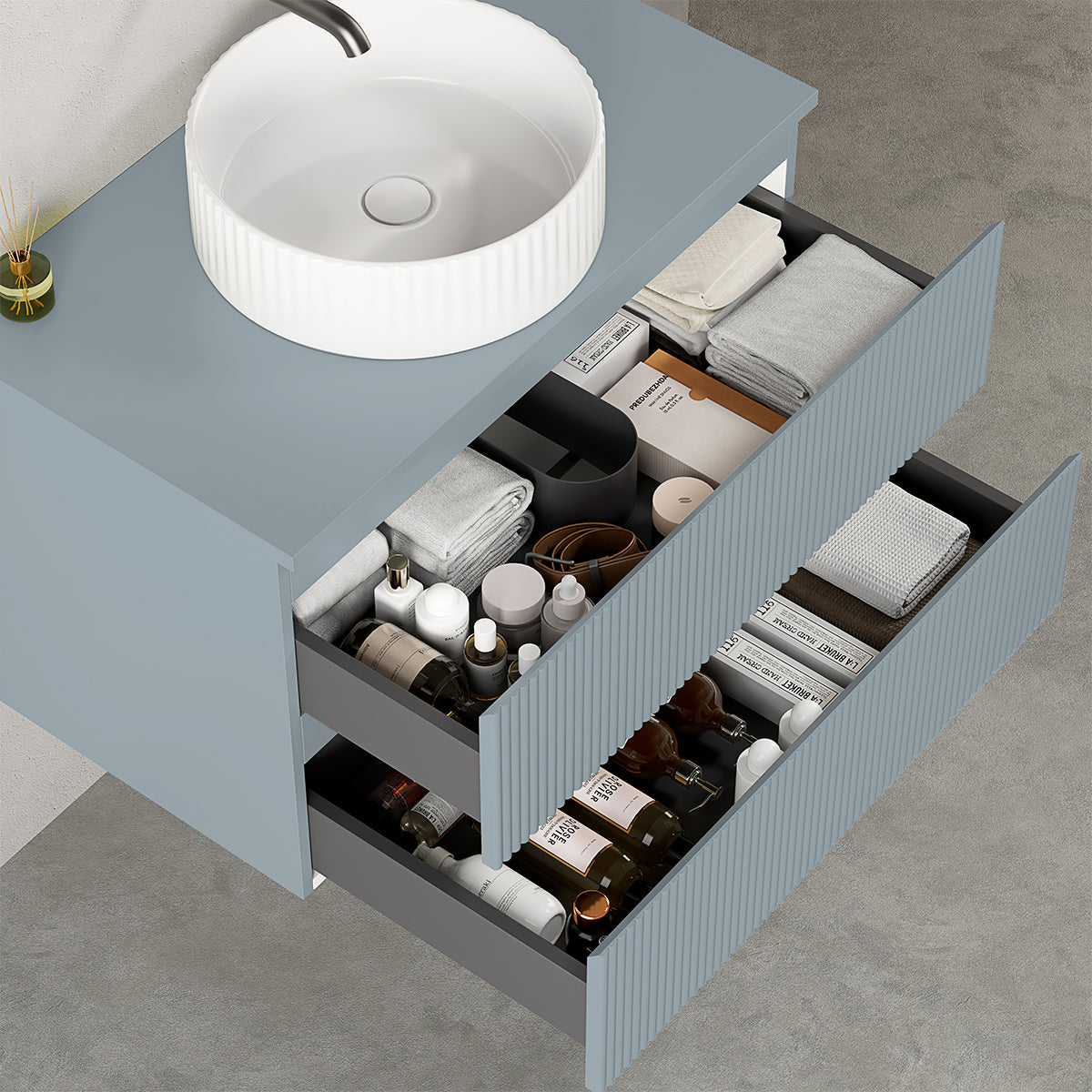 Mobile bagno sospeso cannettato 80 cm Blu Avio per Lavabo d'appoggio Specchio Tondo - Fiji Paint Top Canneté