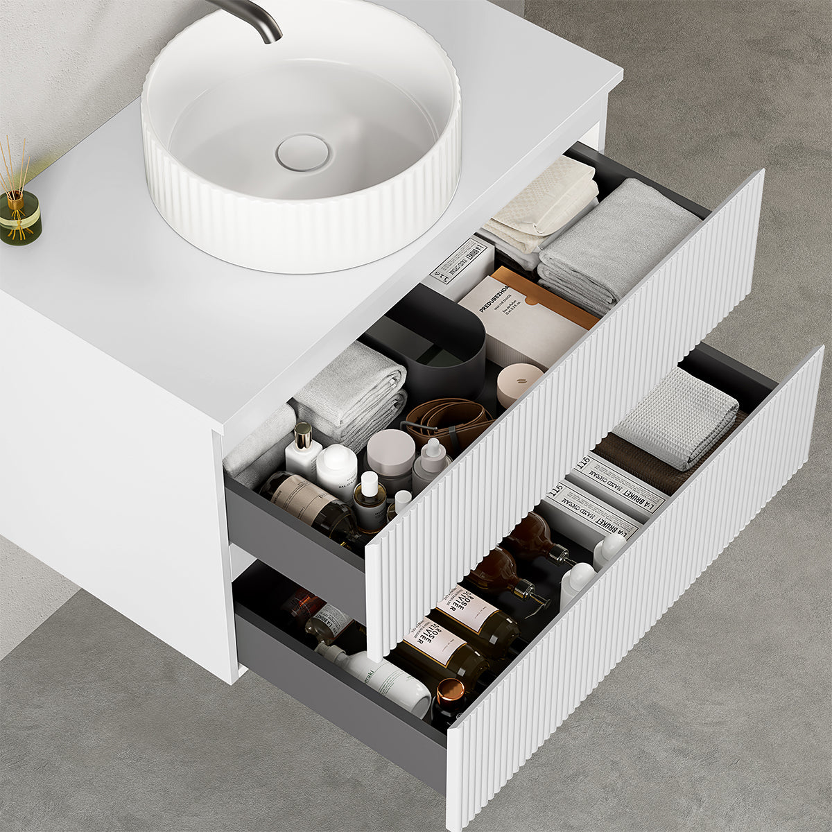 Mobile bagno sospeso cannettato 80 cm Bianco Opaco per Lavabo d'appoggio Senza Specchio - Fiji Paint Top Canneté