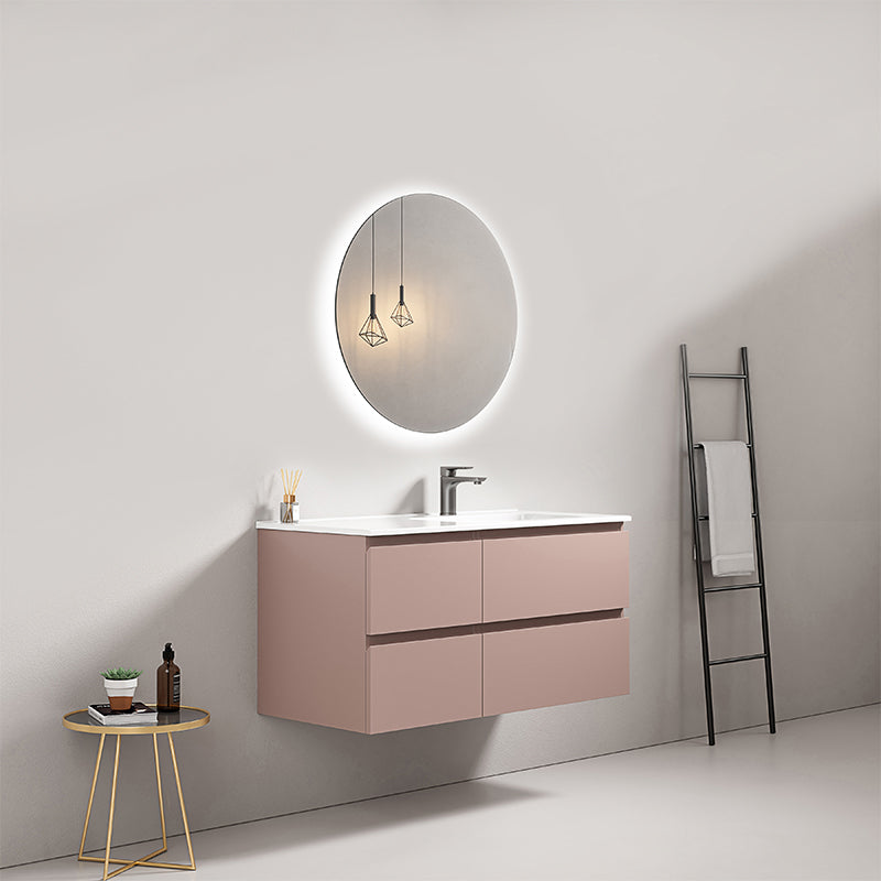 Mobile bagno sospeso 100 cm Rosa Retro Lavabo a Destra in Ceramica Specchio Tondo Retroilluminato - Fiji Paint
