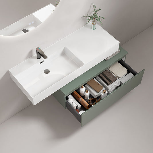 Lavabo sospeso a sinistra in resina 120 cm con vani contenitori, stile moderno per bagni contemporanei.