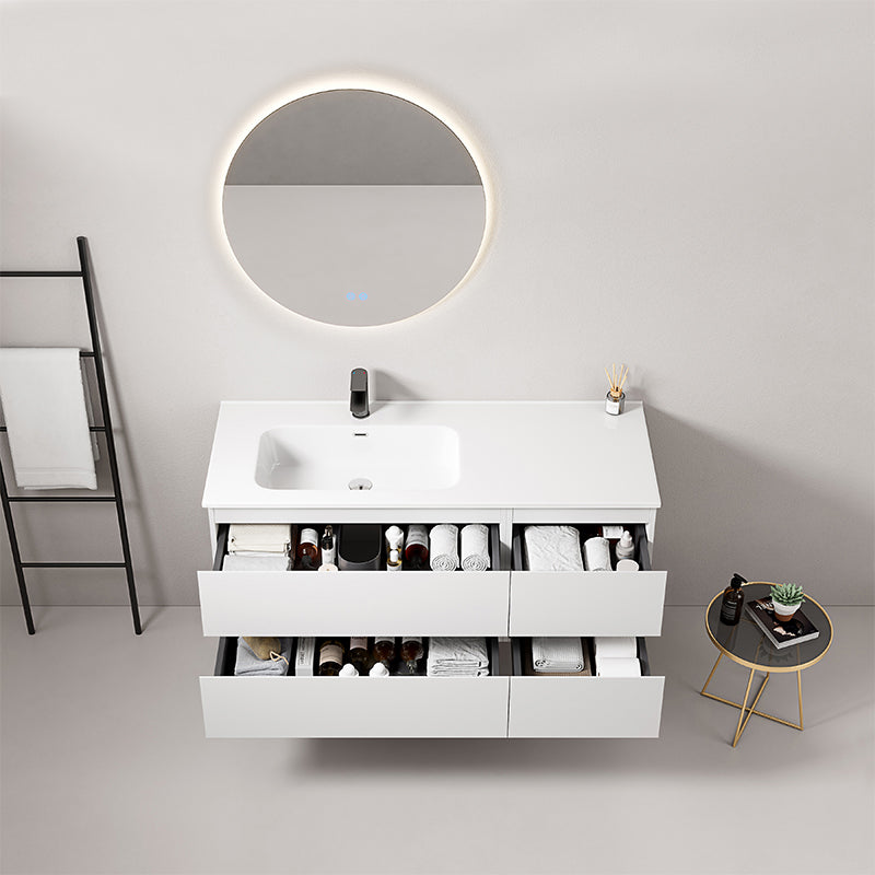 Mobile bagno sospeso 120 cm Bianco Lavabo a Sinistra in Ceramica Specchio Tondo Retroilluminato - Fiji Paint