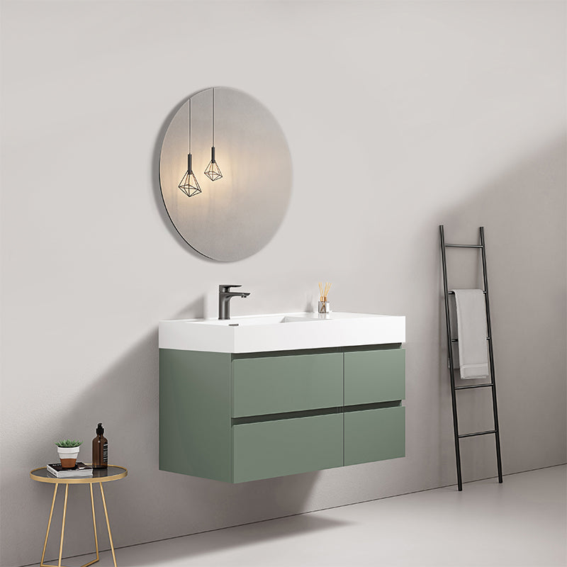 Mobile bagno sospeso 100 cm Verde Salvia Lavabo a Sinistra in Resina Specchio Tondo - Fiji Paint