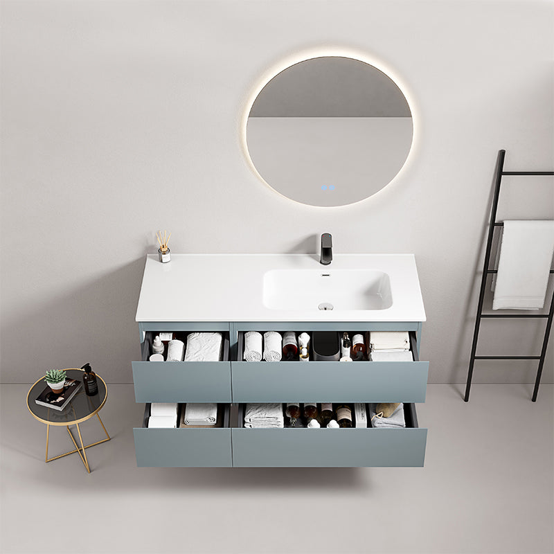 Mobile bagno sospeso 120 cm Blu Avio Lavabo a Destra in Ceramica Specchio Tondo Retroilluminato - Fiji Paint