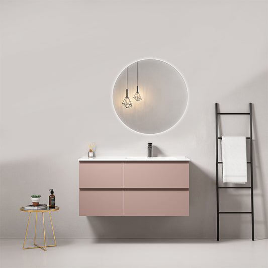 Mobile bagno sospeso 100 cm Rosa Retro Lavabo a Destra in Ceramica Specchio Tondo Retroilluminato - Fiji Paint