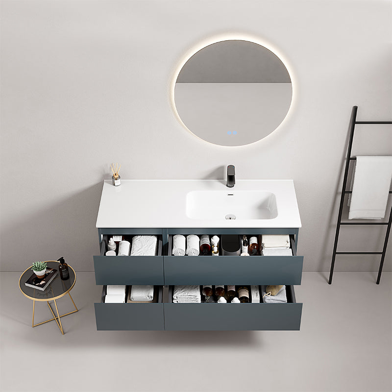 Mobile bagno sospeso 120 cm Blu Mare Lavabo a Destra in Ceramica Specchio Tondo Retroilluminato - Fiji Paint