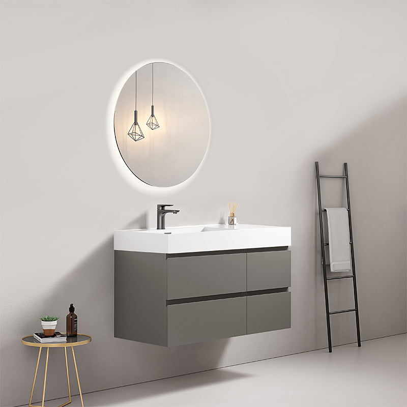 Mobile bagno sospeso 100 cm Grigio Londra Lavabo a Sinistra in Resina Specchio Tondo Retroilluminato - Fiji Paint