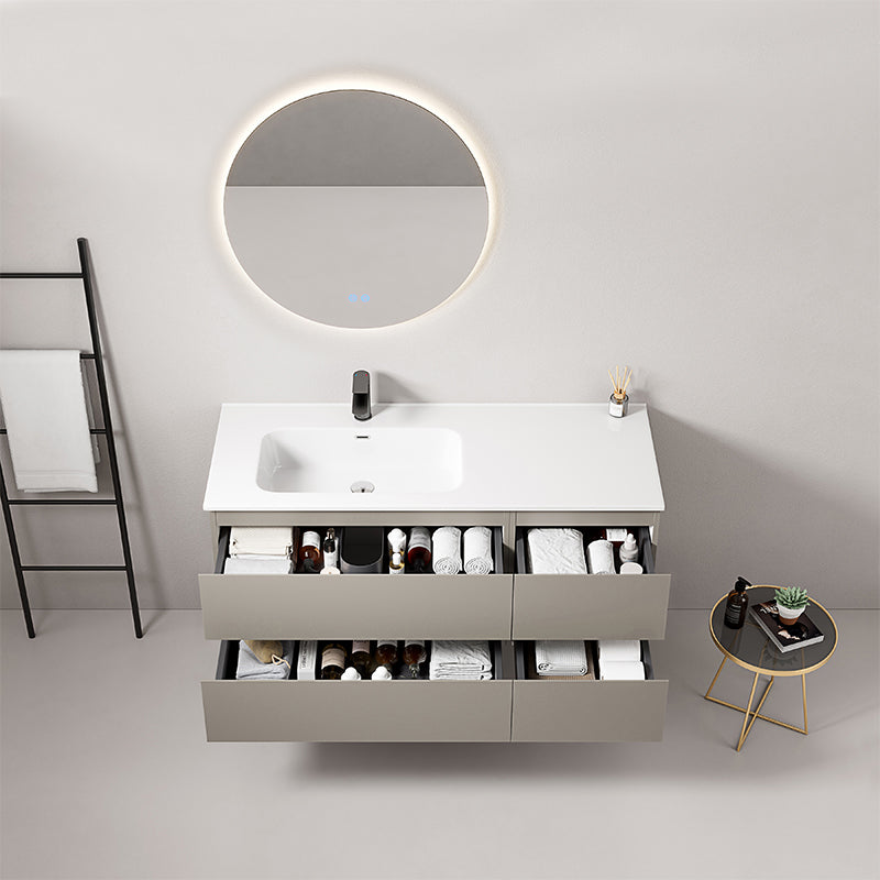 Mobile bagno sospeso 120 cm Grigio Cenere Lavabo a Sinistra in Ceramica Specchio Tondo Retroilluminato - Fiji Paint