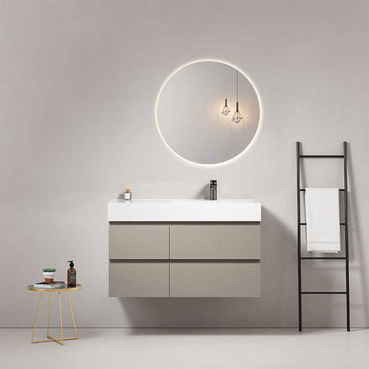 Mobile bagno sospeso 100 cm Grigio Cenere Lavabo a Destra in Resina Specchio Tondo Retroilluminato - Fiji Paint