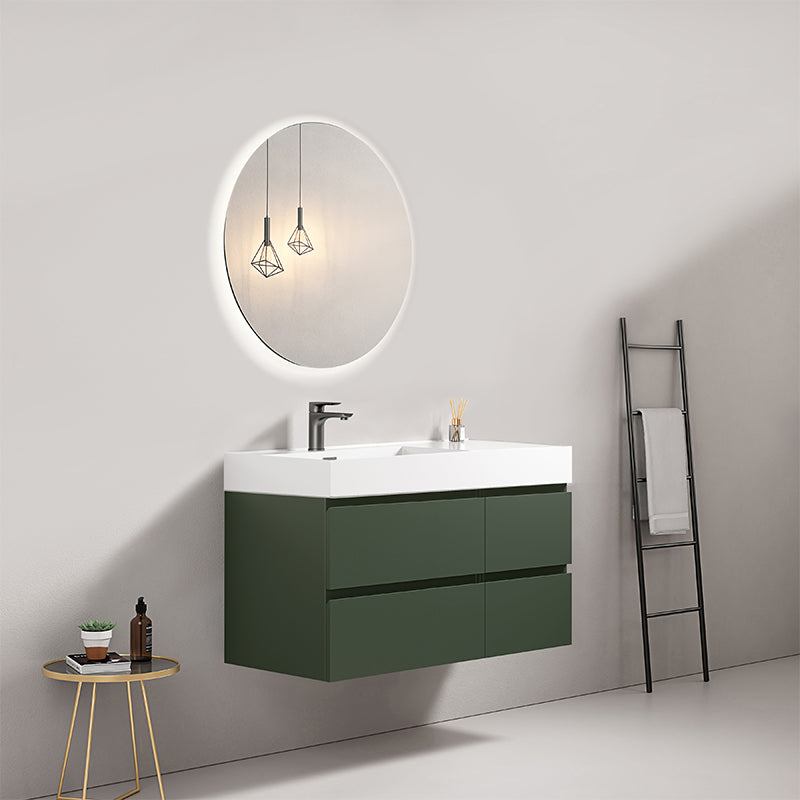 Mobile bagno sospeso 100 cm Verde Comodoro Lavabo a Sinistra in Resina Specchio Tondo Retroilluminato - Fiji Paint