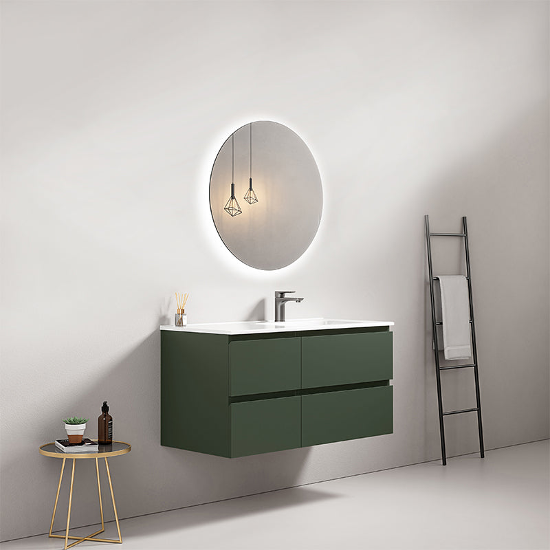 Mobile bagno sospeso 100 cm Verde Comodoro Lavabo a Destra in Ceramica Specchio Tondo Retroilluminato - Fiji Paint
