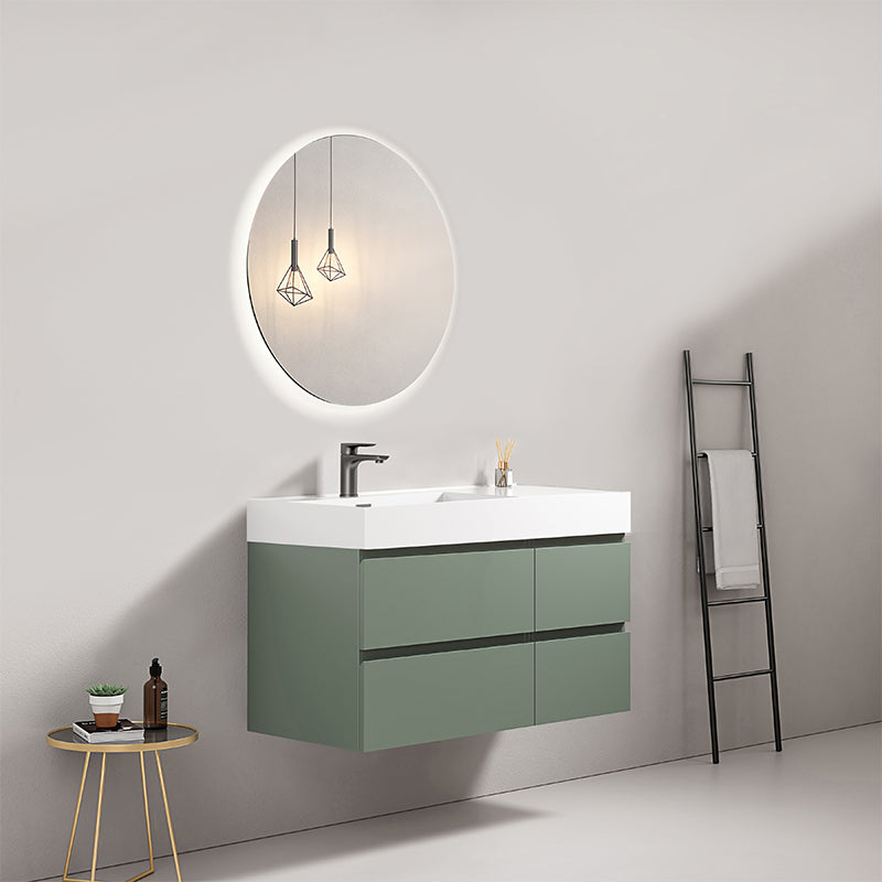 Mobile bagno sospeso 100 cm Verde Salvia Lavabo a Sinistra in Resina Specchio Tondo Retroilluminato - Fiji Paint