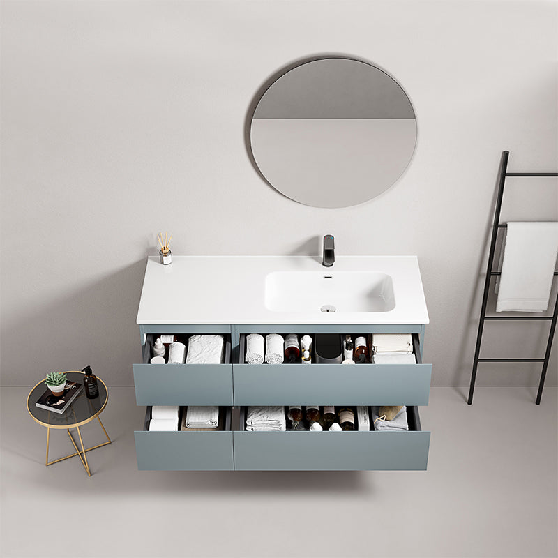 Mobile bagno sospeso 120 cm Blu Avio Lavabo a Destra in Ceramica Specchio Tondo - Fiji Paint