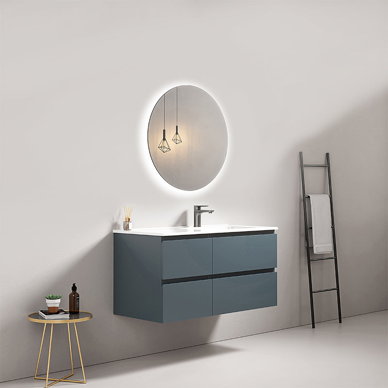 Mobile bagno sospeso 100 cm Blu Mare Lavabo a Destra in Ceramica Specchio Tondo Retroilluminato - Fiji Paint