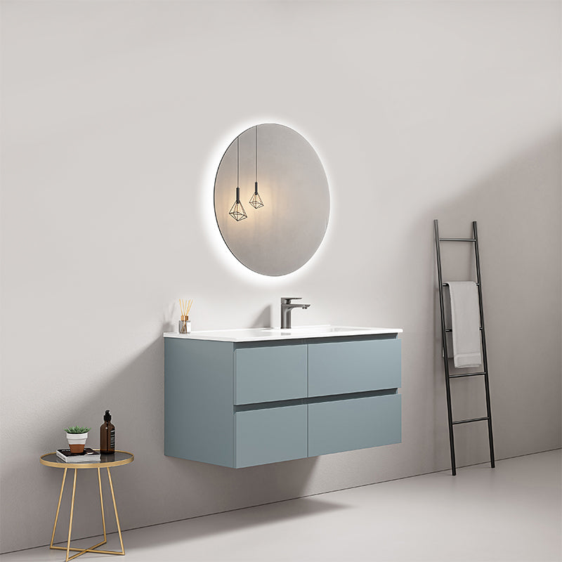 Mobile bagno sospeso 100 cm Blu Avio Lavabo a Destra in Ceramica Specchio Tondo Retroilluminato - Fiji Paint
