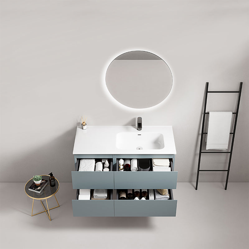 Mobile bagno sospeso 100 cm Blu Avio Lavabo a Destra in Ceramica Specchio Tondo Retroilluminato - Fiji Paint