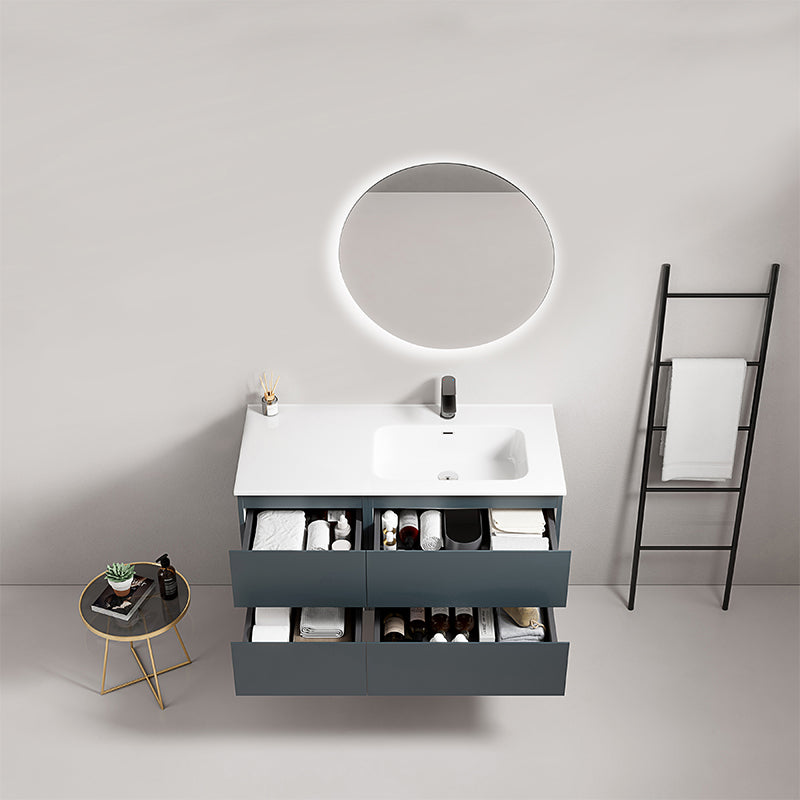 Mobile bagno sospeso 100 cm Blu Mare Lavabo a Destra in Ceramica Specchio Tondo Retroilluminato - Fiji Paint