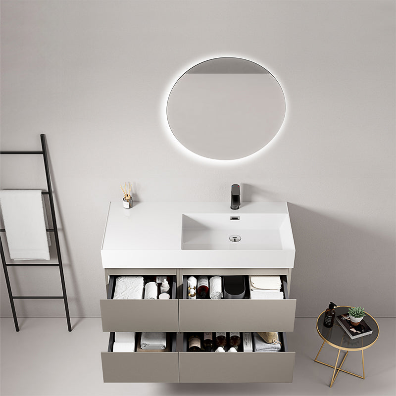 Mobile bagno sospeso 100 cm Grigio Cenere Lavabo a Destra in Resina Specchio Tondo Retroilluminato - Fiji Paint