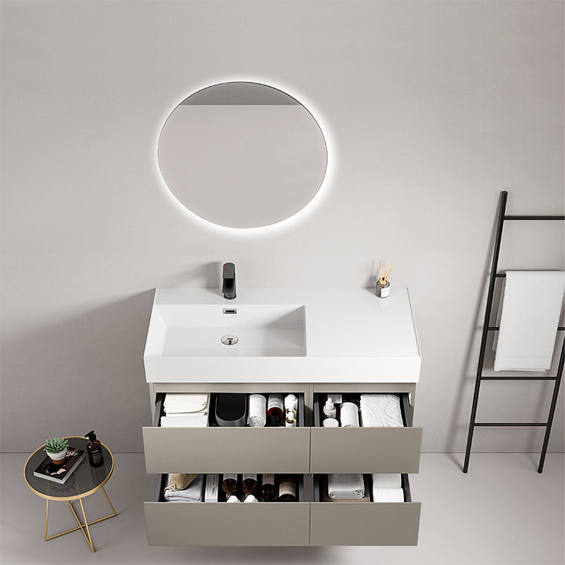 Mobile bagno sospeso 100 cm Grigio Cenere Lavabo a Sinistra in Ceramica Specchio Tondo Retroilluminato - Fiji Paint