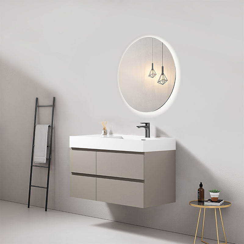 Mobile bagno sospeso 100 cm Grigio Cenere Lavabo a Destra in Resina Specchio Tondo Retroilluminato - Fiji Paint