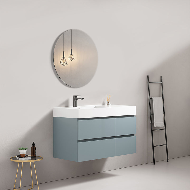 Mobile bagno sospeso 100 cm Blu Avio Lavabo a Sinistra in Resina Specchio Tondo - Fiji Paint