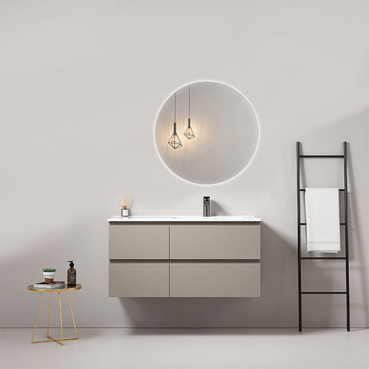 Mobile bagno sospeso 100 cm Grigio Cenere Lavabo a Destra in Ceramica Specchio Tondo Retroilluminato - Fiji Paint