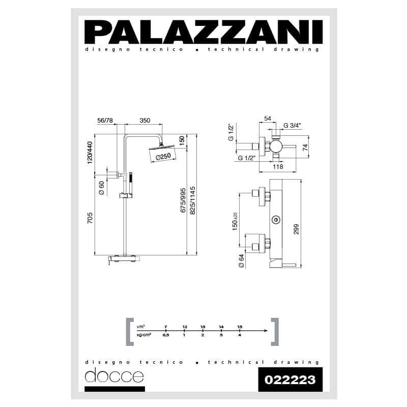 Technical drawing of Palazzani Mimo Dual Mix shower column with dimensions and details.