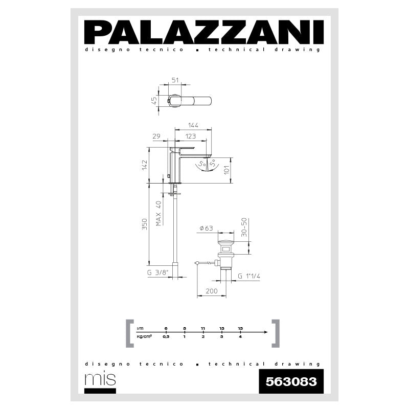 Technical drawing of Miscelatore Lavabo Con Piletta Cromo Mis - Palazzani with dimensions and specifications.