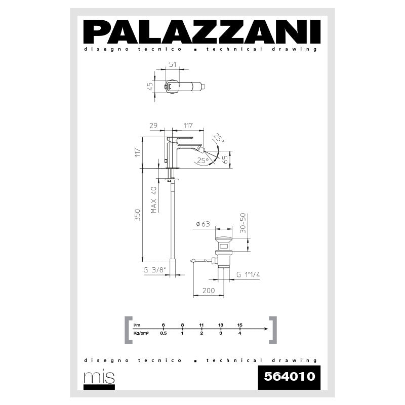 Technical drawing of the Miscelatore Bidet with chrome finish by Palazzani, showing measurements and installation details.