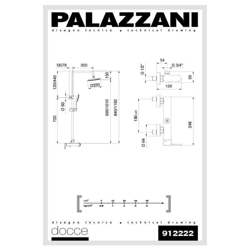 Technical drawing of Palazzani shower column with dimensions and specifications.