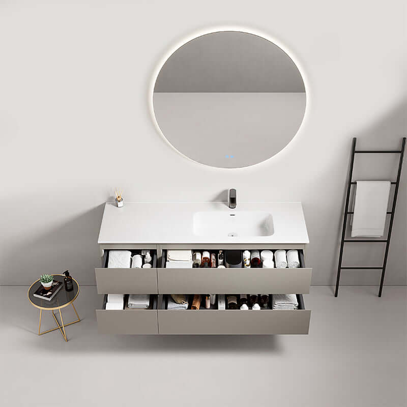 Mobile bagno sospeso 140 cm Grigio Cenere con lavabo a destra e specchio tondo retroilluminato, design moderno.