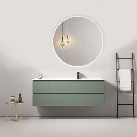 Mobile bagno sospeso 140 cm Verde Salvia con lavabo a destra e specchio tondo retroilluminato