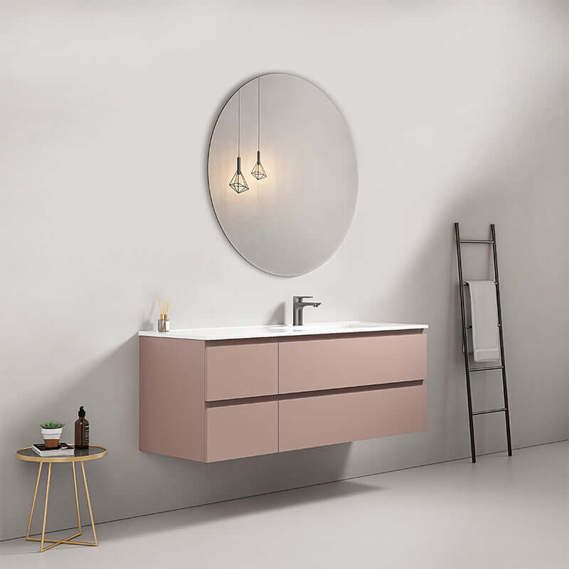 Mobile bagno sospeso 140 cm Rosa Retro con lavabo a destra e specchio tondo in design contemporaneo (25686806)