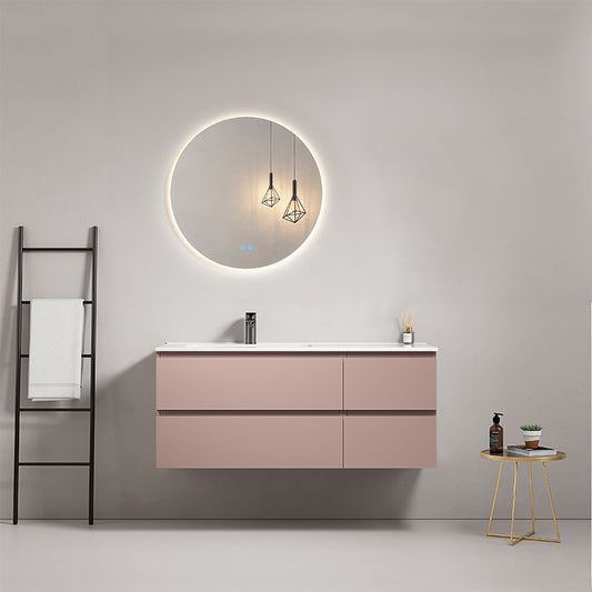 Mobile bagno sospeso 120 cm Rosa Retro Lavabo a Sinistra in Ceramica Specchio Tondo Retroilluminato - Fiji Paint