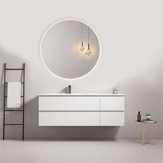 Mobile bagno sospeso bianco con lavabo a sinistra e specchio tondo retroilluminato, design moderno. (25686105)