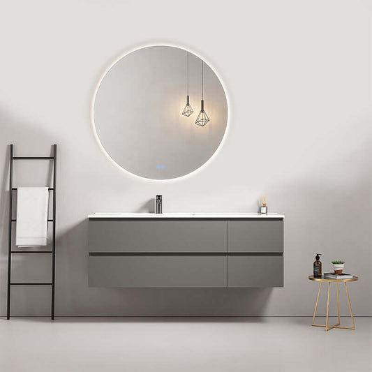 Mobile bagno sospeso 140 cm Grigio Londra con lavabo a sinistra e specchio tondo retroilluminato.