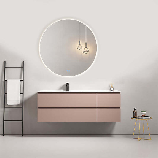 Mobile bagno sospeso 140 cm rosa retrò con lavabo a sinistra e specchio tondo retroilluminato.